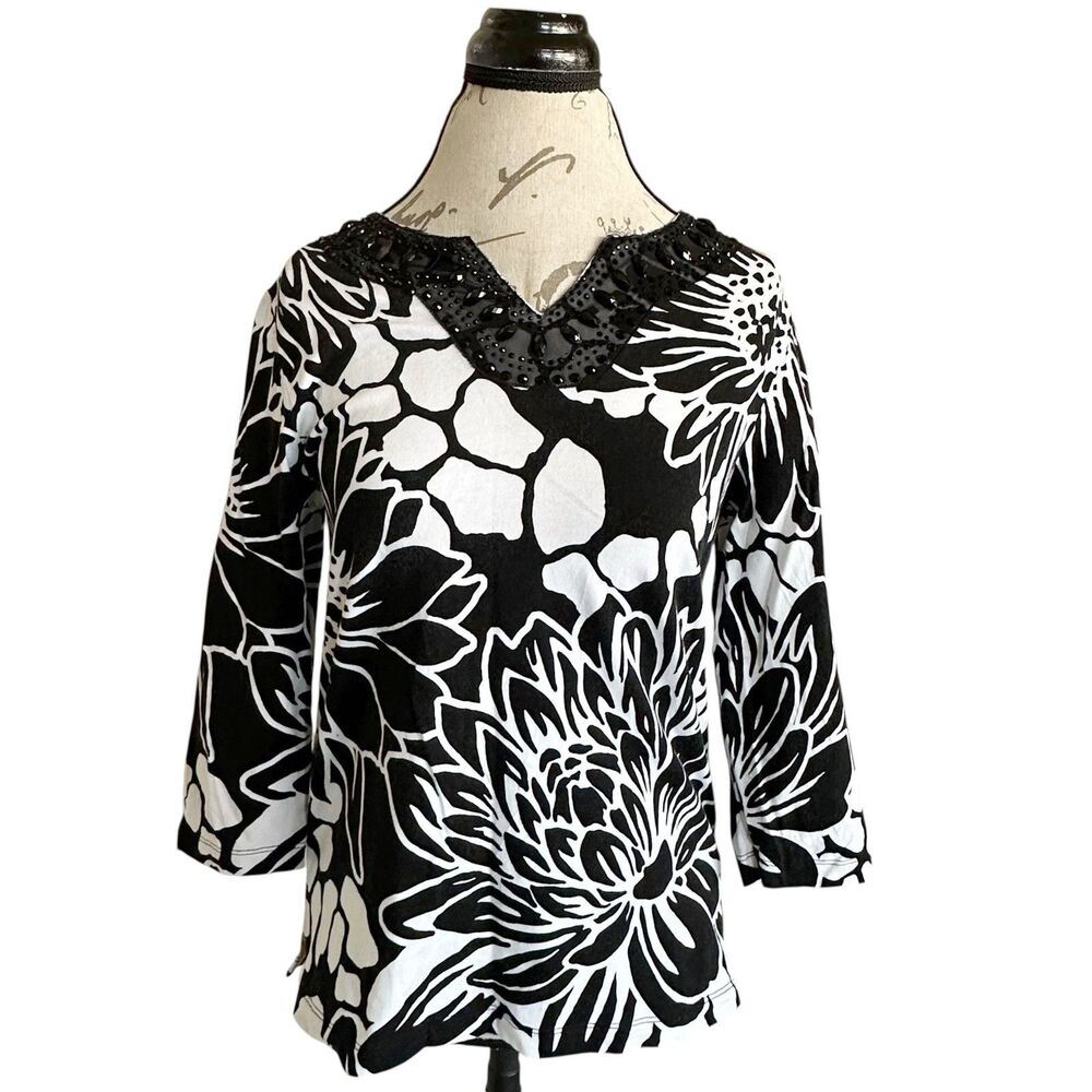Alfred Dunner Blouse Sz Petite Small 3/4 Sleeve Floral Y2k 2000's Retro Elegant - Picture 2 of 12